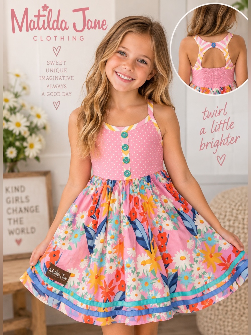 Matilda Jane Girls Size 6 Pink Floral Twirl Dress Strappy Open Back